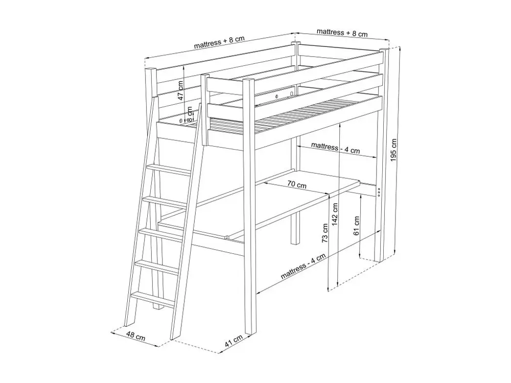 Lit mezzanine en chêne - avec bureau N02 Chêne Naturel 80x200 pour une organisation optimale