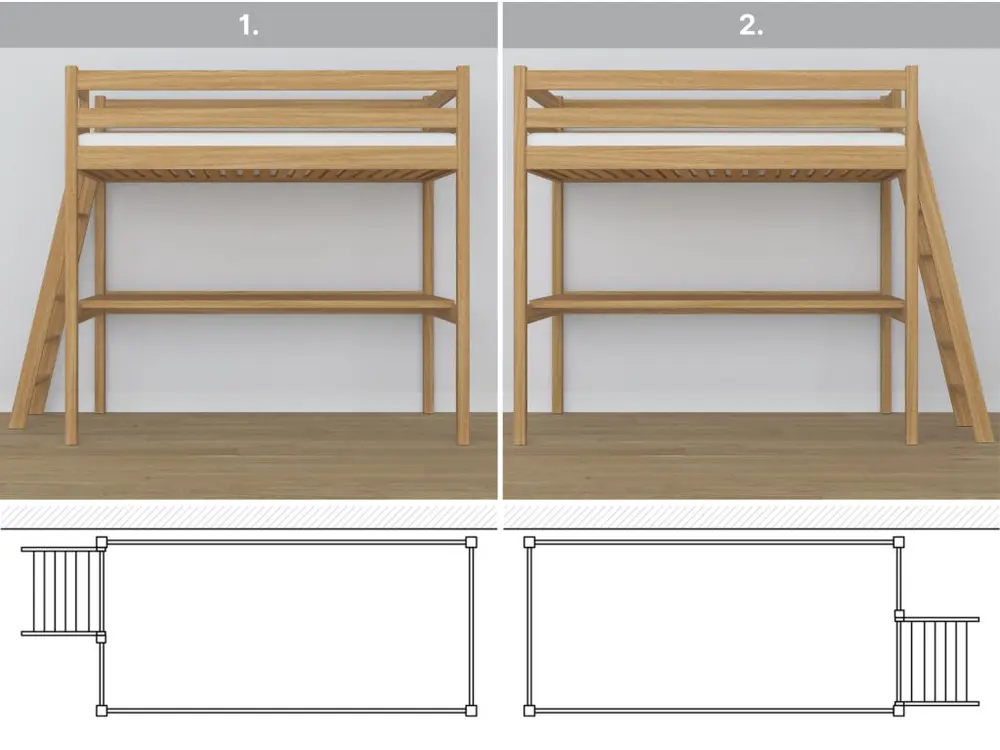 Lit mezzanine en chêne - avec bureau N02 Chêne Naturel 80x200 pour une organisation optimale