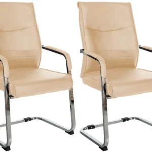 Lot de 2 fauteuils de bureau chaises visiteur sans roulettes piétement luge en métal chromé et assise en VINYLE kaki 10_00...