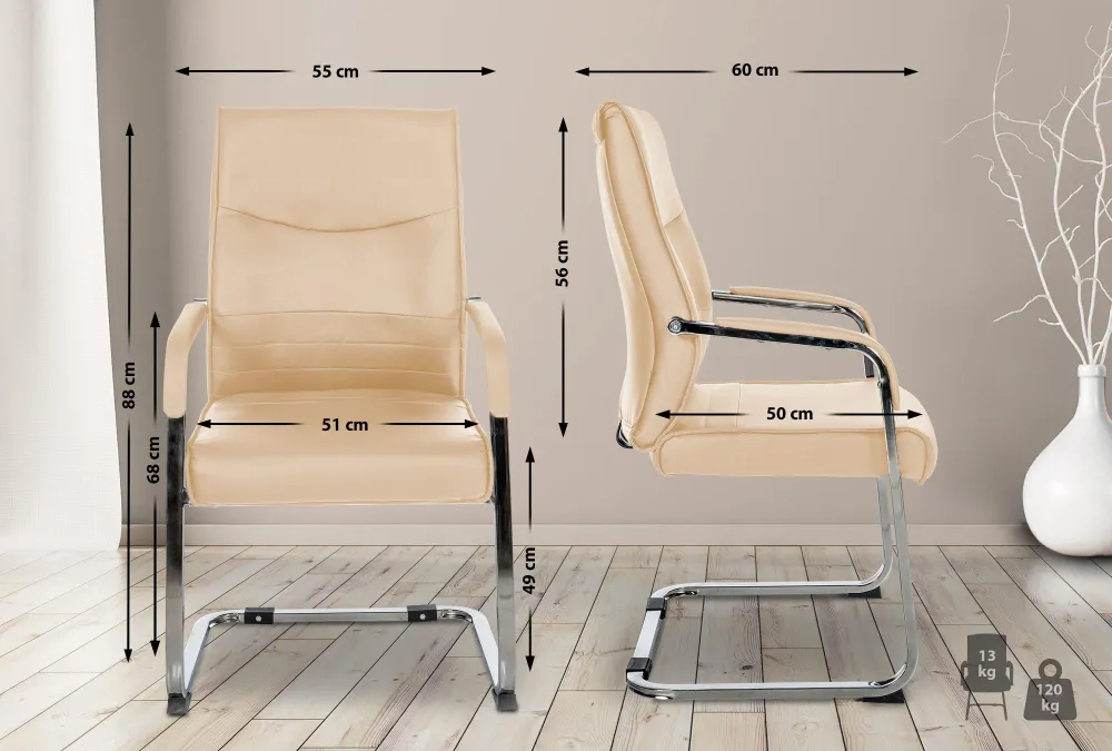 Lot de 2 fauteuils de bureau chaises visiteur sans roulettes piétement luge en métal chromé et assise en VINYLE kaki 10_00...