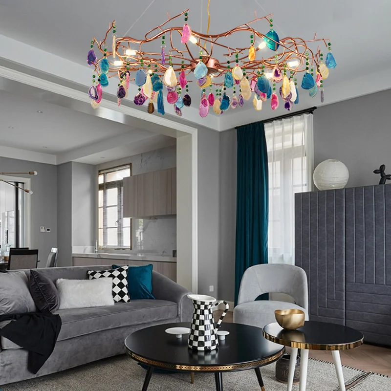 Lustre circulaire en or Rose de 25.5 "/33.5" de grand, éclairage Art déco en Agate, luminaire suspendu multi-lumières