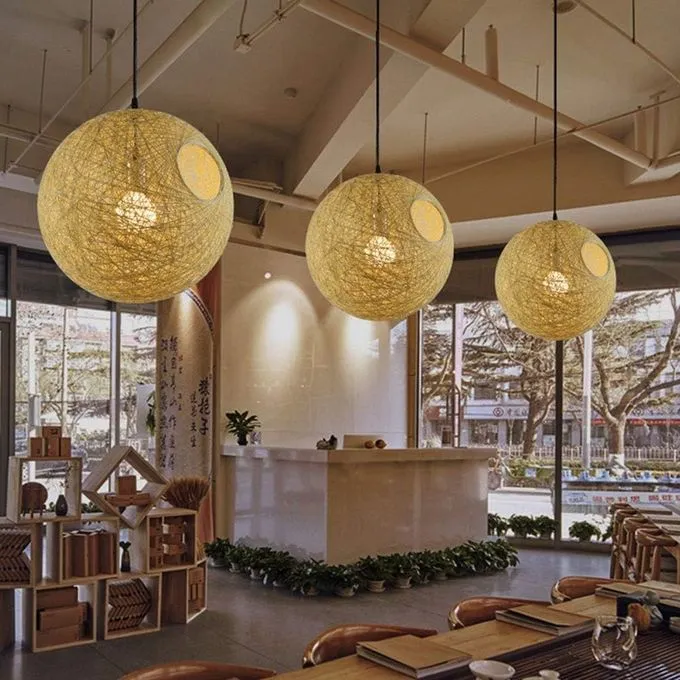 Lustre rond en forme de globe Ø38 -Plafonnier en Rotin Naturel en tissu respirant
