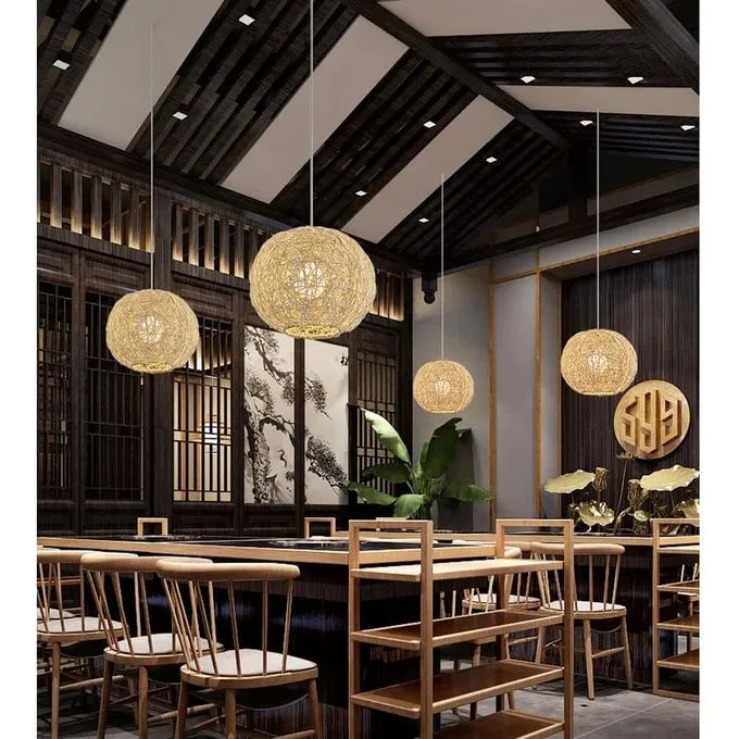 Lustre rond en forme de globe Ø38 -Plafonnier en Rotin Naturel en tissu respirant