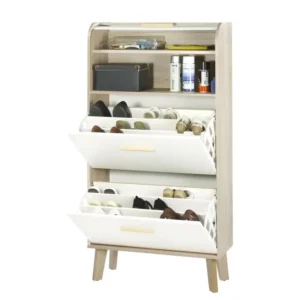 Meuble à Chaussures Chêne Abattants Blancs - Coloris Rideau: Rideau Blanc avec revêtement anti-rayures