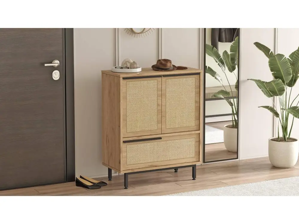 Meuble à chaussures Evelis L75xH90cm Bois et Rotin évident