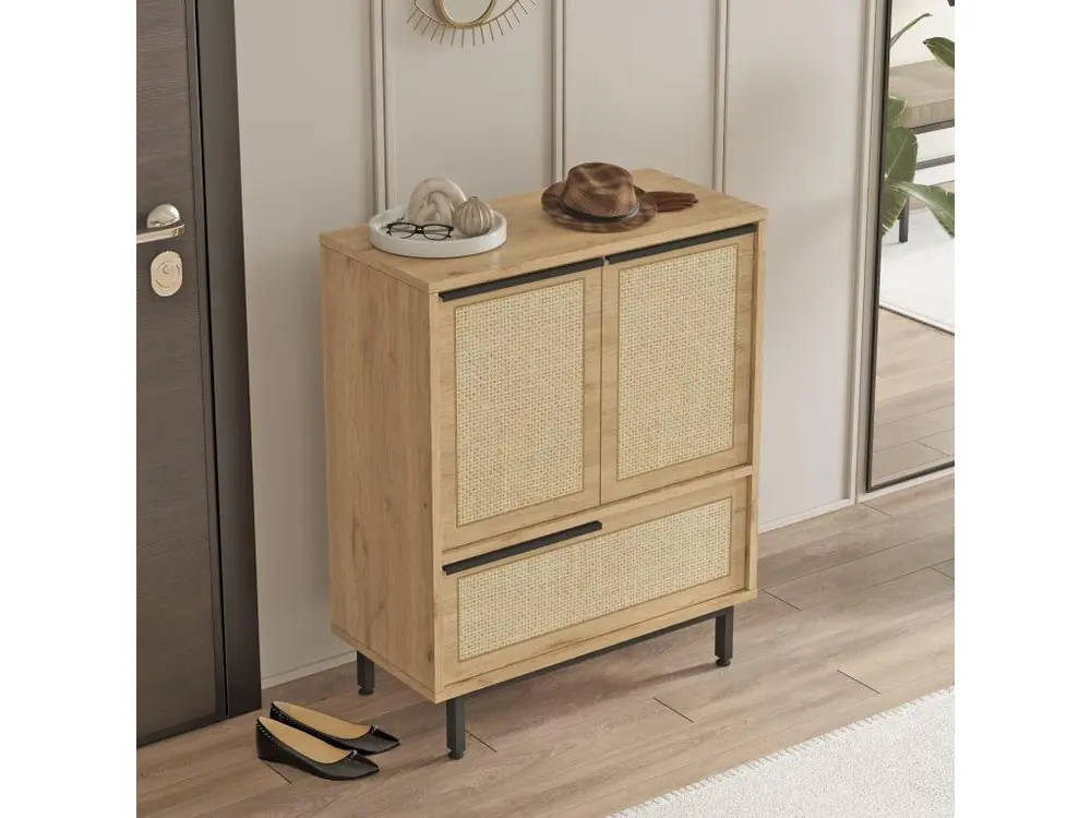 Meuble à chaussures Evelis L75xH90cm Bois et Rotin évident