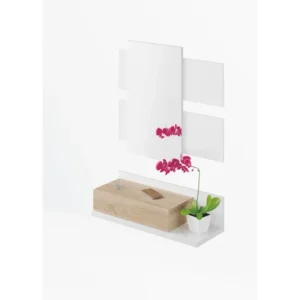 Meuble d'entrée avec miroir, coloris blanc Artik Mate / chêne canadien en mélamine - Doux : 20 x 75 x 29 cm pour post...