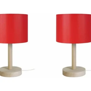 Pair de Lampes de chevet droit bois naturel,rouge 35 cm. avec système de clipsage