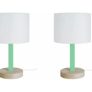 Pair de Lampes de chevet droit bois naturel,rouge,blanc 35 cm. pour un espace de travail ordonné