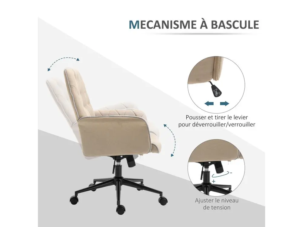 Pieds antidérapants pour Fauteuil de bureau chaise de bureau hauteur réglable roulettes pivotant 360° tissu chanvre 69L x...