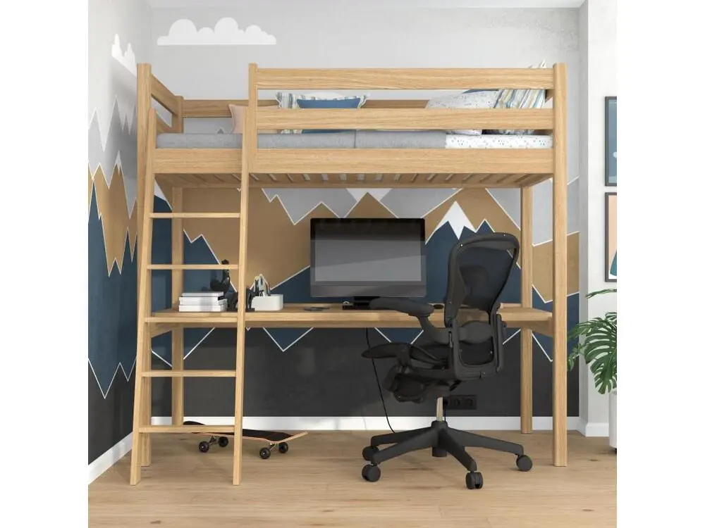 Professionnel Haute Qualité Lit mezzanine en chêne - avec bureau N03 Chêne Naturel 100x190