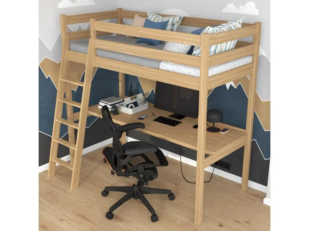 Professionnel Haute Qualité Lit mezzanine en chêne - avec bureau N03 Chêne Naturel 100x190