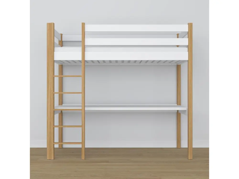 Équipement de Bureau Ergonomique Lit mezzanine en bois - avec bureau N05 Blanc / Chêne Naturel 90x200