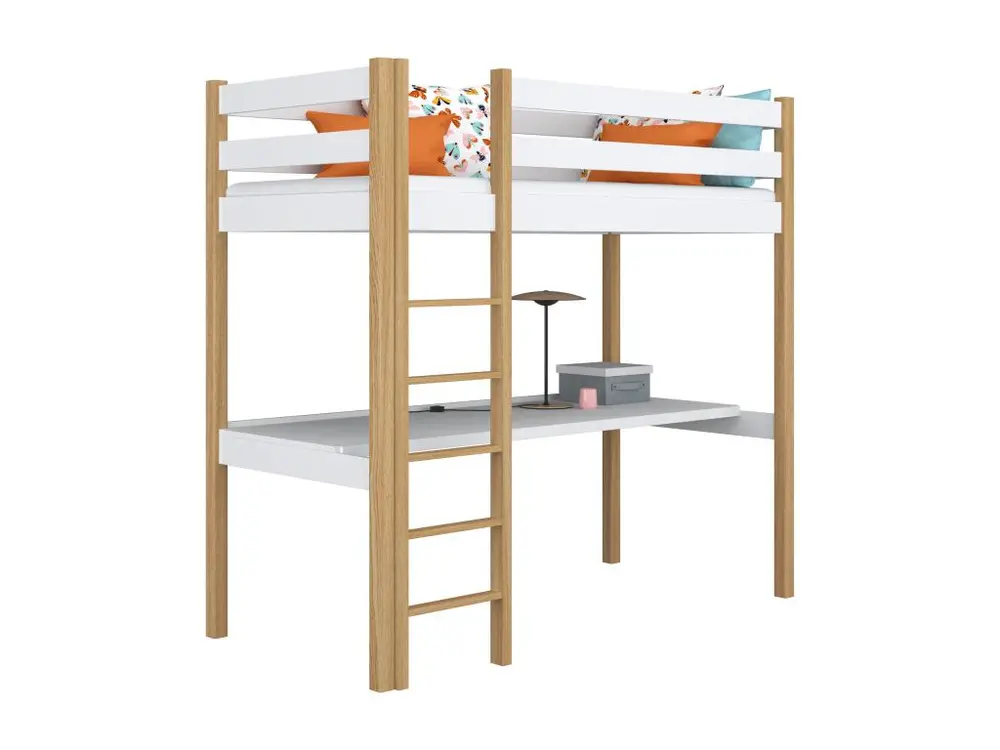 Équipement de Bureau Ergonomique Lit mezzanine en bois - avec bureau N05 Blanc / Chêne Naturel 90x200