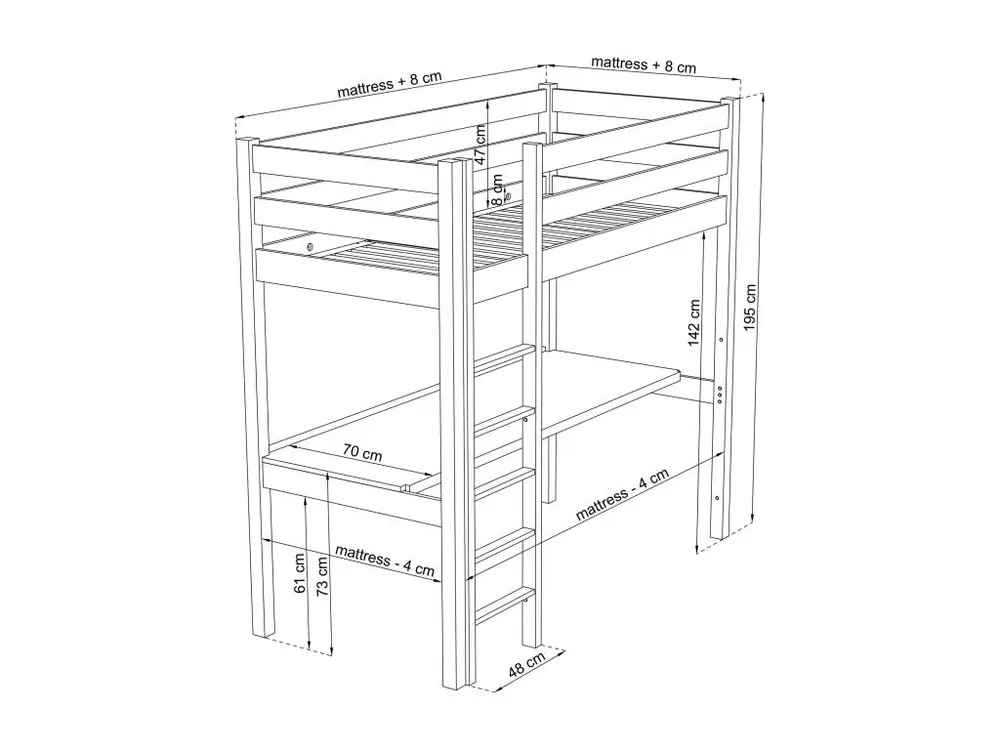 Équipement de Bureau Ergonomique Lit mezzanine en bois - avec bureau N05 Blanc / Chêne Naturel 90x200