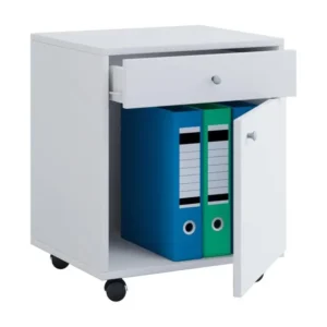 Équipement de Bureau Ergonomique Masola Commode de bureau sur roulettes 1 tiroir et 1 porte, blanc.
