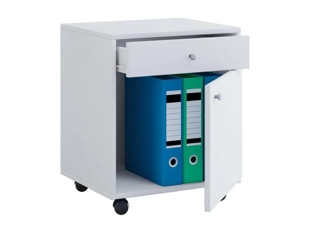 Équipement de Bureau Ergonomique Masola Commode de bureau sur roulettes 1 tiroir et 1 porte, blanc.