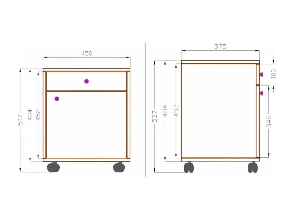 Équipement de Bureau Ergonomique Masola Commode de bureau sur roulettes 1 tiroir et 1 porte, blanc.