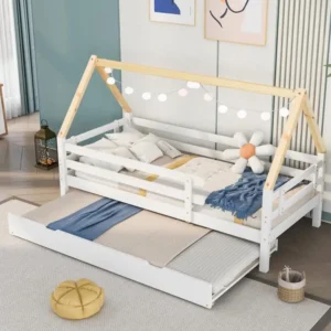Support réglable pour Lit cabane - 200x90 cm - avec roulettes en bas - blanc - Sweiko
