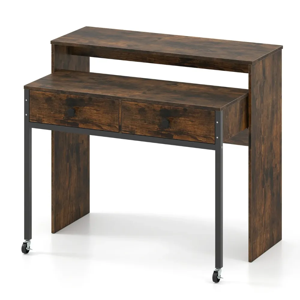 Système de suspension Bureau rétractable 100 x 63 x 88 cm gain de place avec 2 tiroirs et roulettes design rustique en boi...