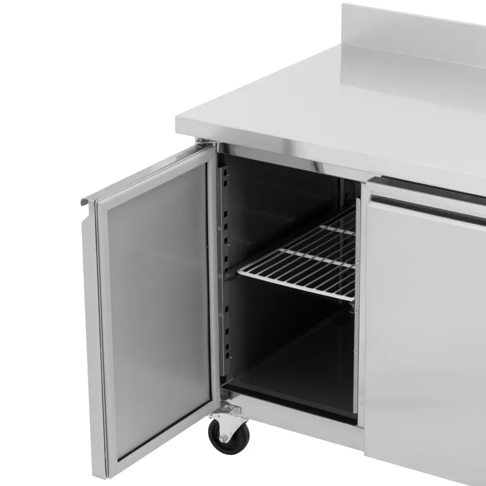 Table réfrigérée professionnel sur roulettes 260 litres 2 compartiments 136 x 70 cm classe B dosseret acier inoxydable 14_...