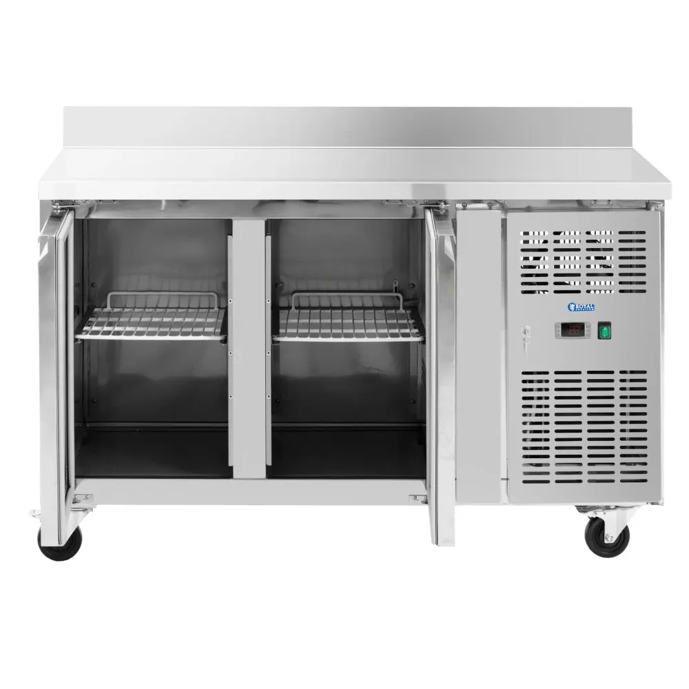 Table réfrigérée professionnel sur roulettes 260 litres 2 compartiments 136 x 70 cm classe B dosseret acier inoxydable 14_...
