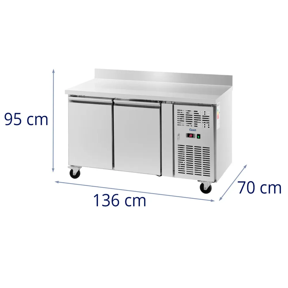Table réfrigérée professionnel sur roulettes 260 litres 2 compartiments 136 x 70 cm classe B dosseret acier inoxydable 14_...