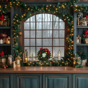 Toile de fond Fenêtre Cuisine Illuminée de Noël RR8-75 avec revêtement anti-rayures