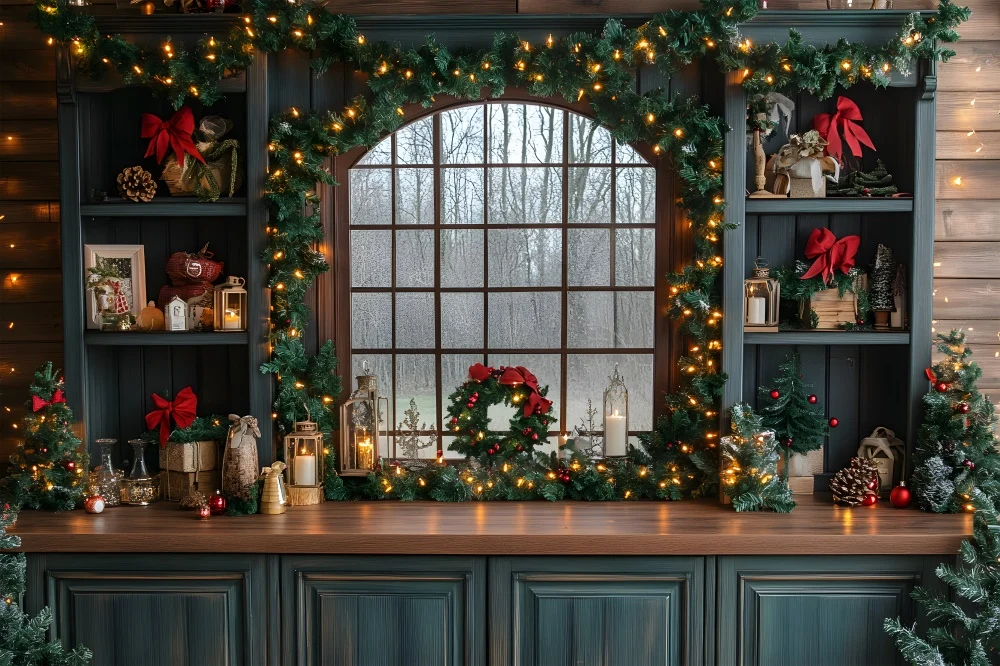 Toile de fond Fenêtre Cuisine Illuminée de Noël RR8-75 avec revêtement anti-rayures