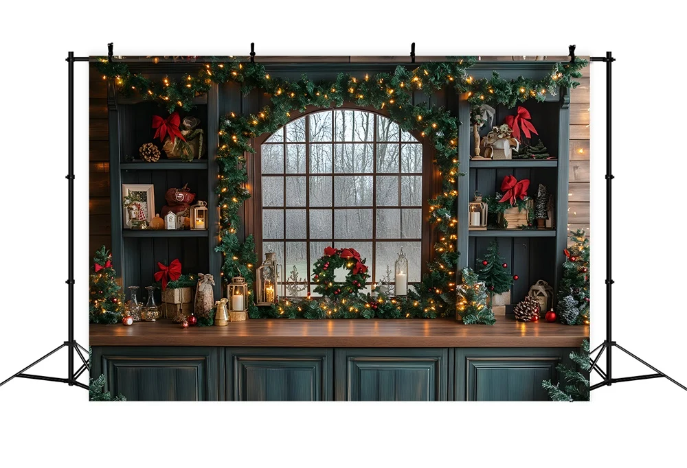 Toile de fond Fenêtre Cuisine Illuminée de Noël RR8-75 avec revêtement anti-rayures