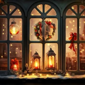 Toile de Fond de Fenêtre de Noël avec Lanternes Lumineuses RR8-137