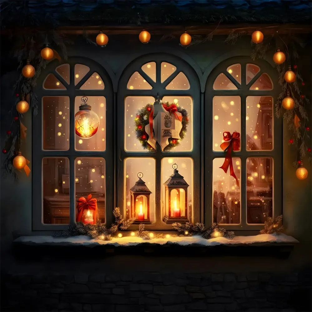 Toile de Fond de Fenêtre de Noël avec Lanternes Lumineuses RR8-137