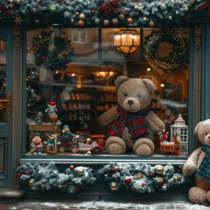 Toile de Fond de Vitrine de Magasin de Jouets Oursons de Noël RR8-146