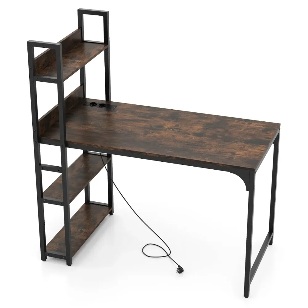 Bureau d'ordinateur 120 x 65 x 130 cm avec multiprise et bibliothèque design novateur en métal marron rustique et noir 20_...