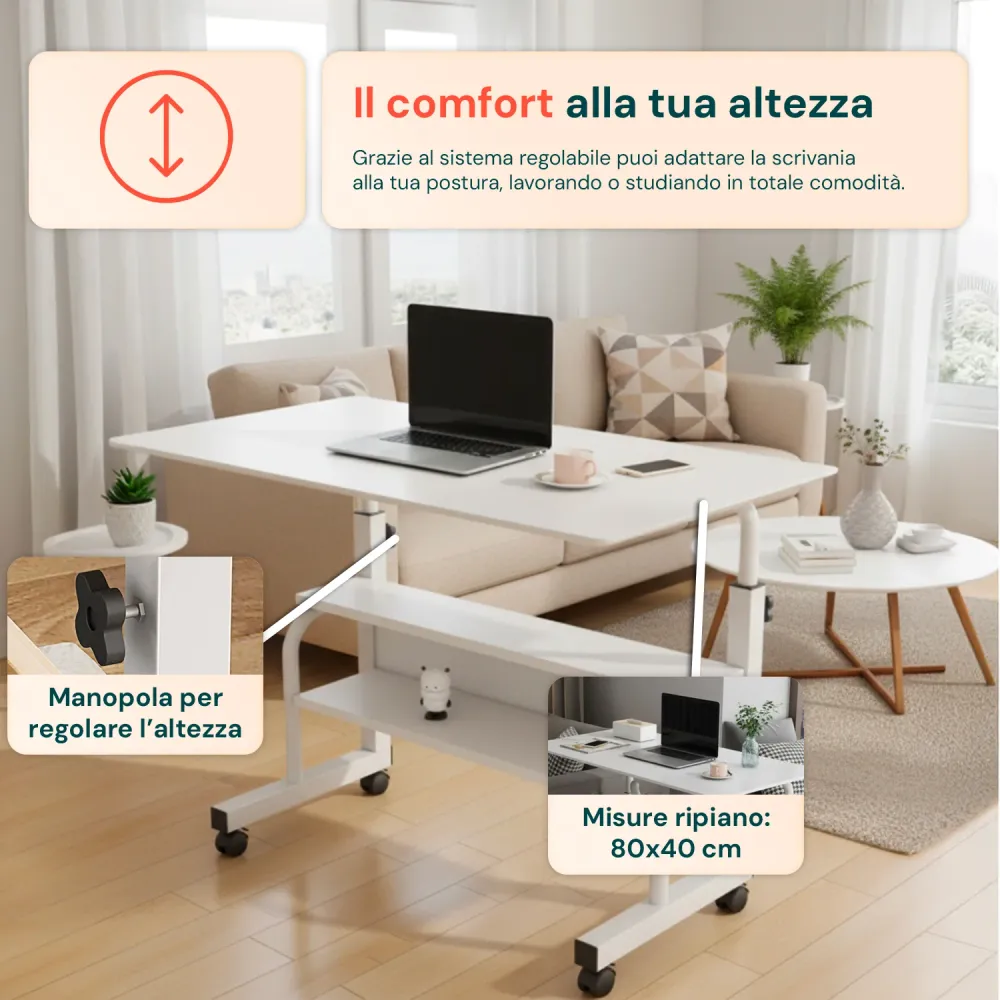 Scrivania Mobile Regolabile – Struttura Ferro e Piano MDF 80×40 cm