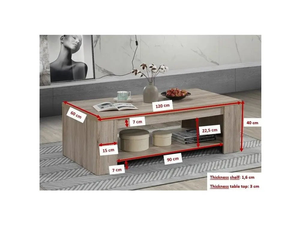 Table basse style rustique 120x90 collection VERMONT effet chêne