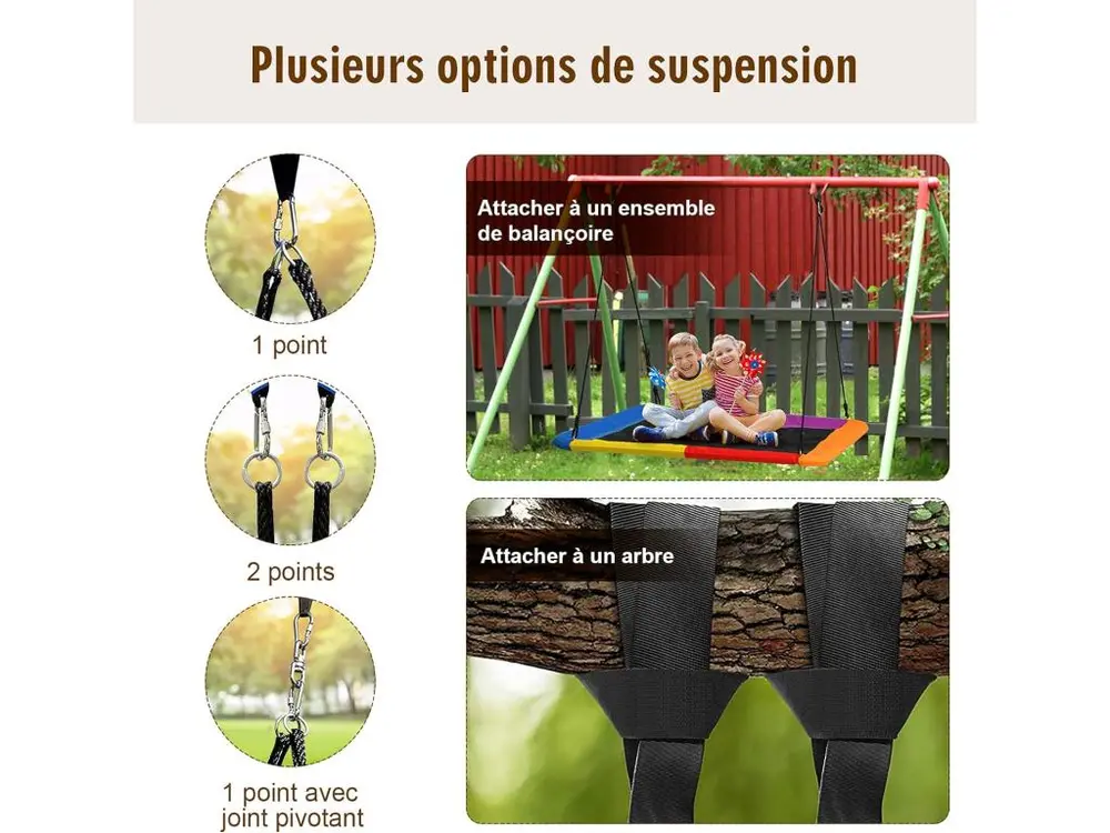 Balançoire nid en plate-forme avec cordes de suspension hauteur réglable 100-180cm 315 kg