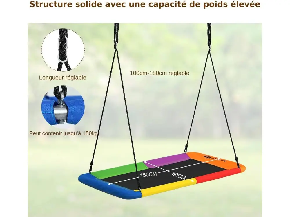 Balançoire nid en plate-forme avec cordes de suspension hauteur réglable 100-180cm 315 kg