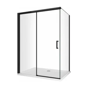 Douche d'angle avec paroi latérale fixe et porte frontale avec fermeture douce amortie H 200 8 mm cadre noir mat Cm 8...