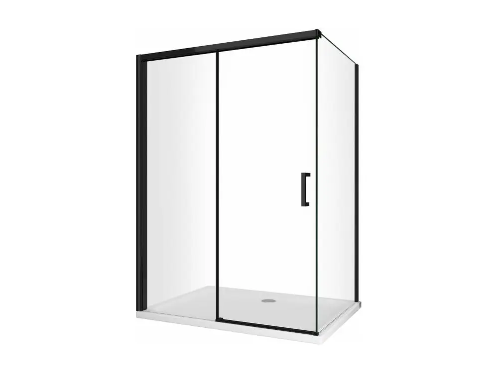 Douche d'angle avec paroi latérale fixe et porte frontale avec fermeture douce amortie H 200 8 mm cadre noir mat Cm 8...