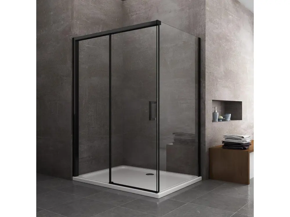 Douche d'angle avec paroi latérale fixe et porte frontale avec fermeture douce amortie H 200 8 mm cadre noir mat Cm 8...