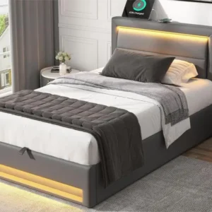 Lit coffre 90x200 cm en similicuir avec LED - avec ports de recharge (filaire & sans fil) - Gris