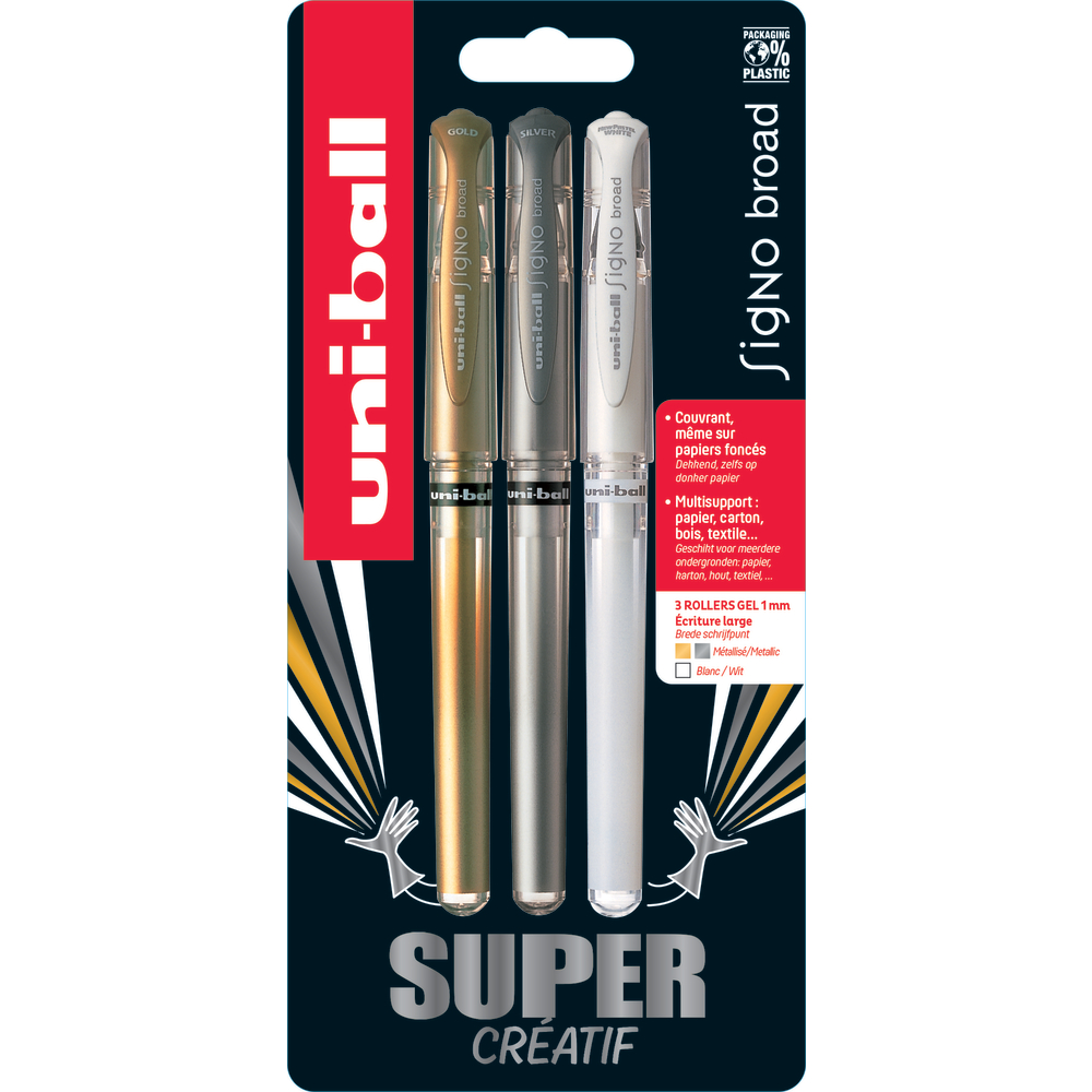 3 stylos gel broad Signo Or, argent et blanc - Pointe 1mm Posca