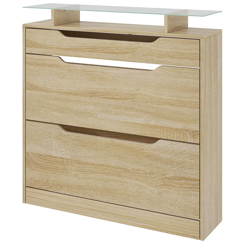 Armoire à Chaussures avec 2 tiroirs rabattables + 1 tiroir Coulissant + 1 comptoir et 1 Plateau en Verre étagère réglable...