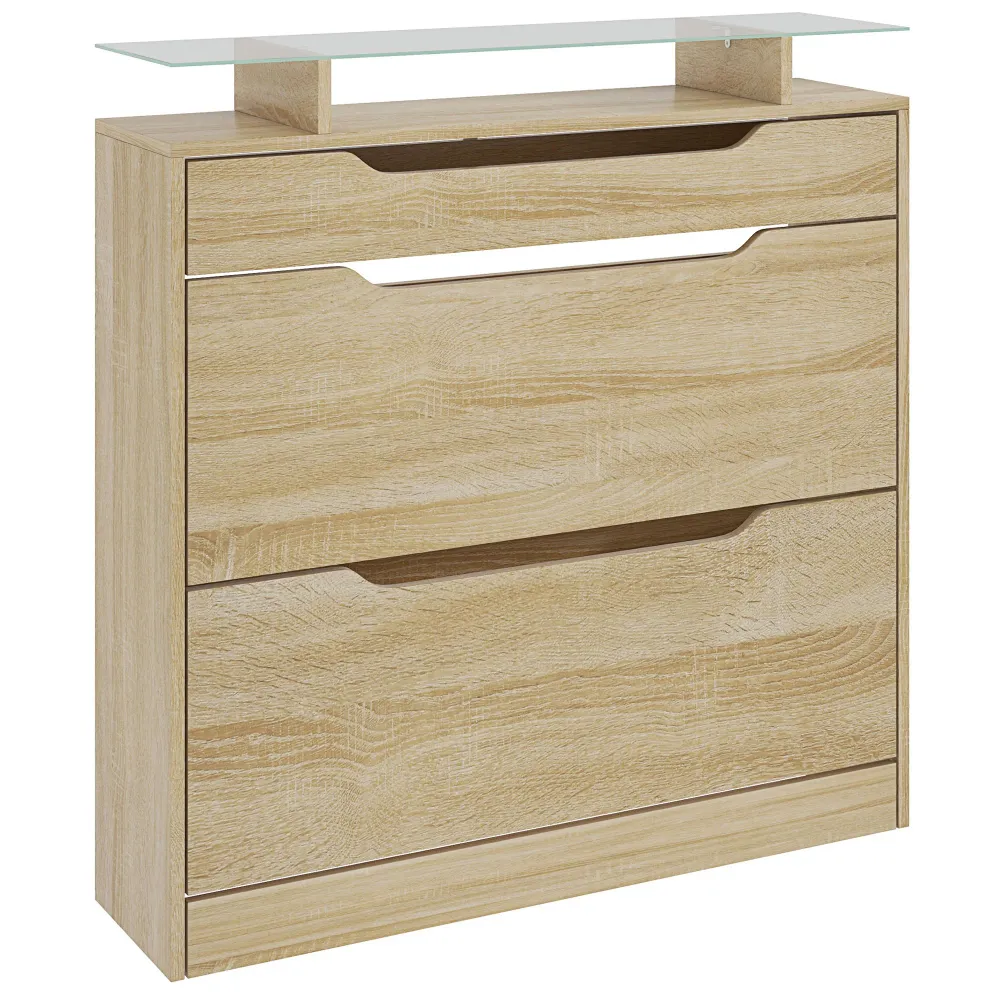 Armoire à Chaussures avec 2 tiroirs rabattables + 1 tiroir Coulissant + 1 comptoir et 1 Plateau en Verre étagère réglable...