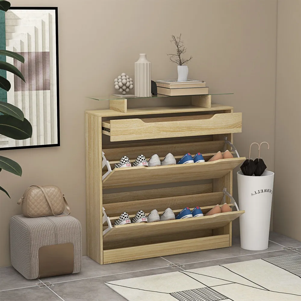 Armoire à Chaussures avec 2 tiroirs rabattables + 1 tiroir Coulissant + 1 comptoir et 1 Plateau en Verre étagère réglable...