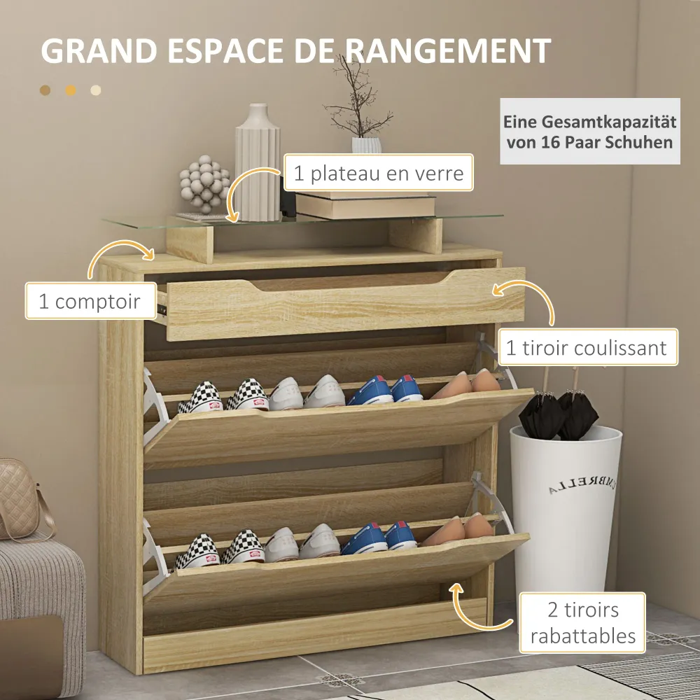 Armoire à Chaussures avec 2 tiroirs rabattables + 1 tiroir Coulissant + 1 comptoir et 1 Plateau en Verre étagère réglable...