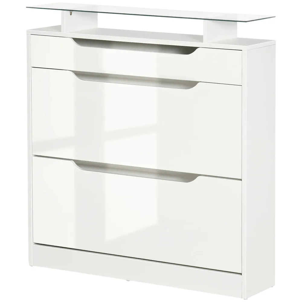 Armoire à Chaussures avec 2 tiroirs rabattables + 1 tiroir Coulissant + 1 comptoir et 1 Plateau en Verre étagère réglable...