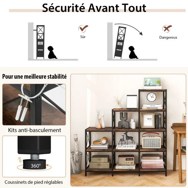 Bibliothèque industrielle à 9 compartiments étagère de rangement 5 niveaux avec cadre en acier dispositif anti-basculement...