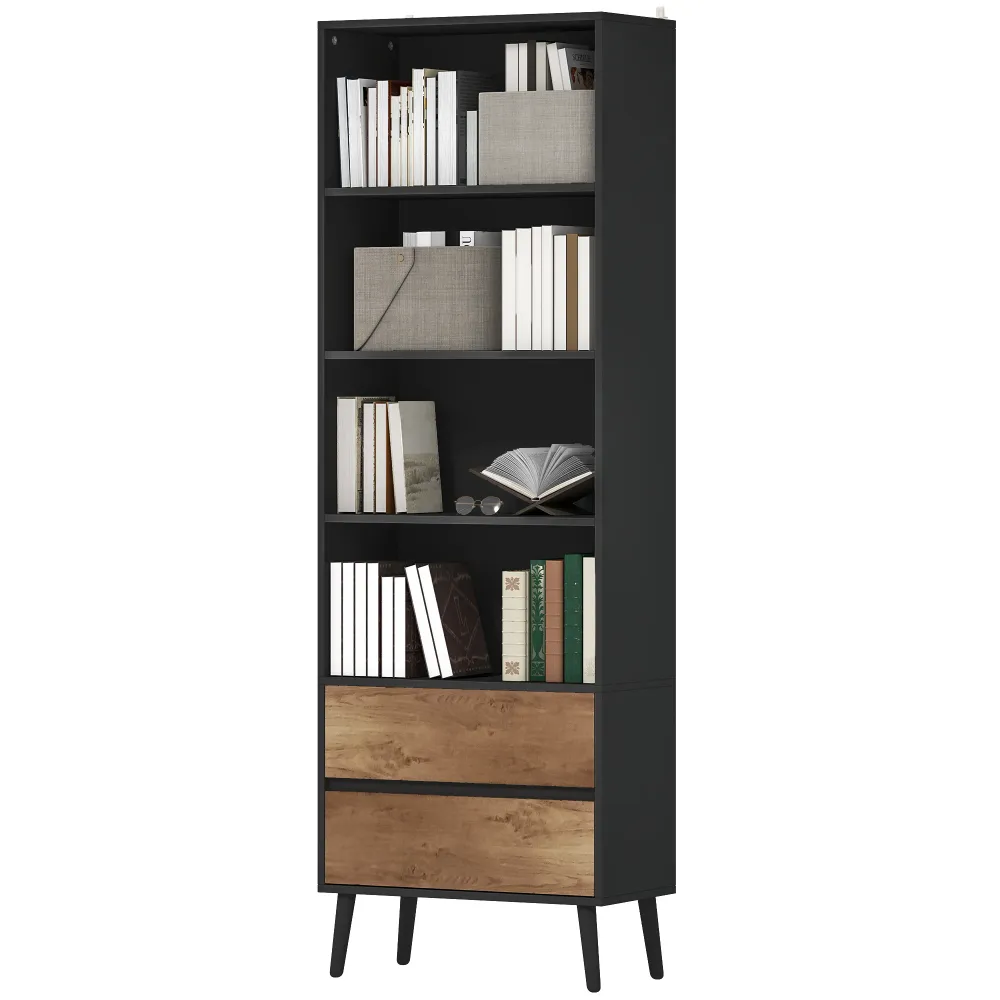 Bibliothèque meuble de rangement étagere à livres avec 4 compartiments ouverts et 2 tiroirs, étagère de rangement pour sal...